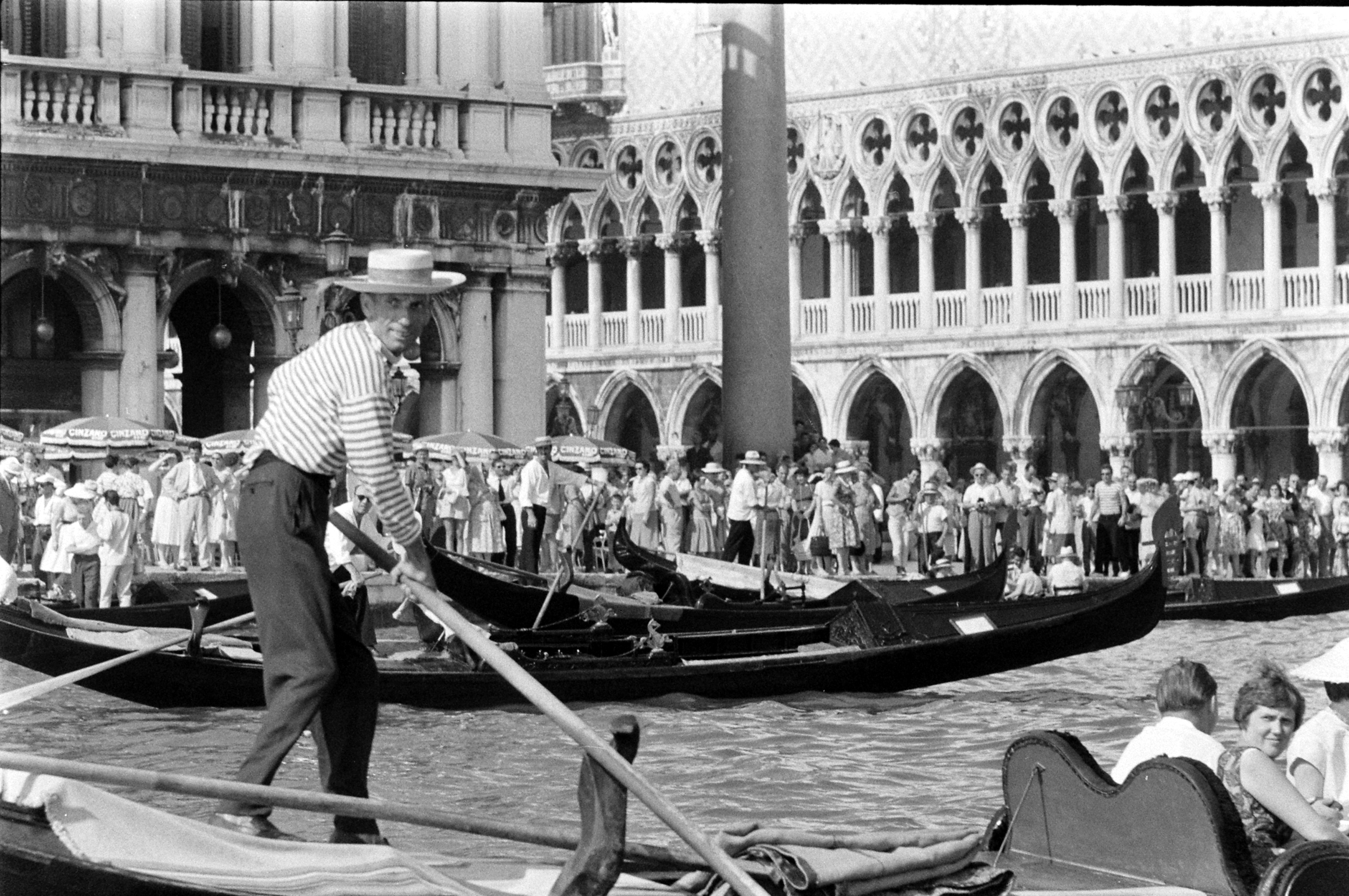 American tourists in gondolas on the Grand Canal in Venice, Italy, 1959.